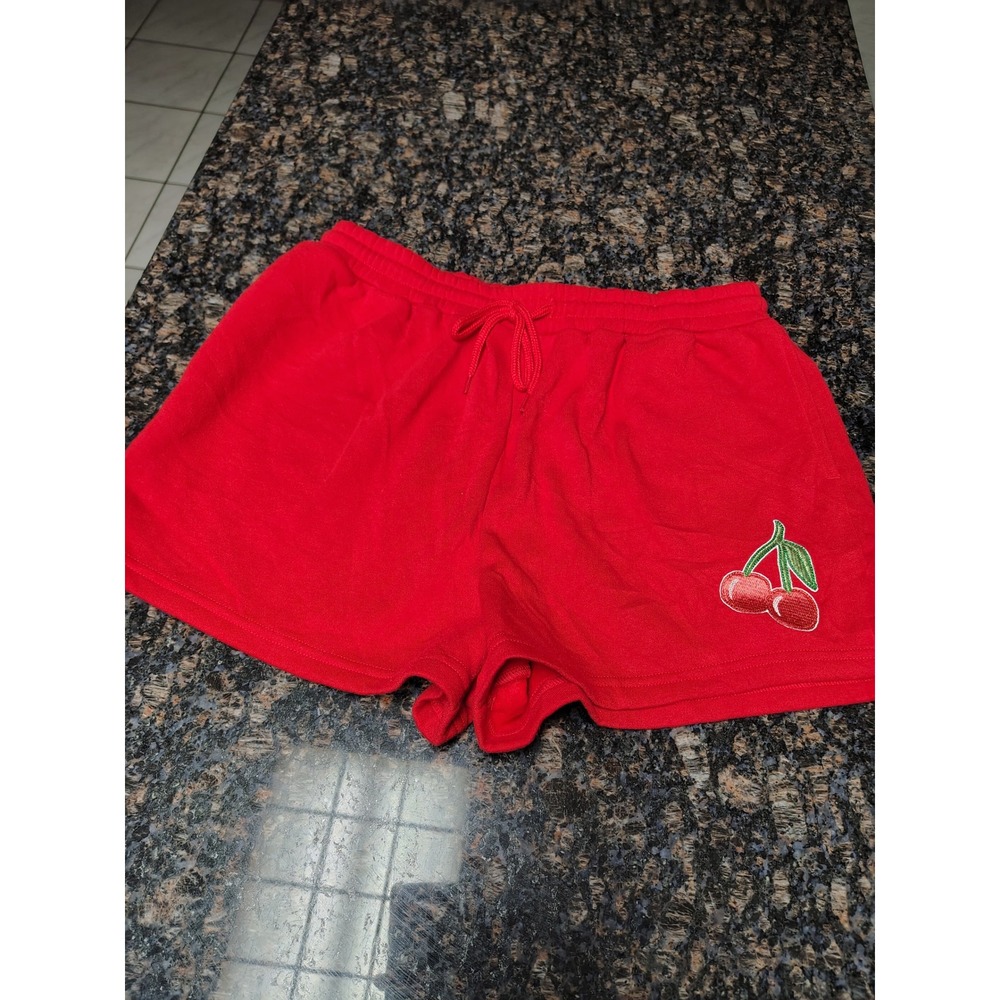 Mighty Fine Red Cherry Embroidered Lounge Shorts Drawstring Fleece Lined Large